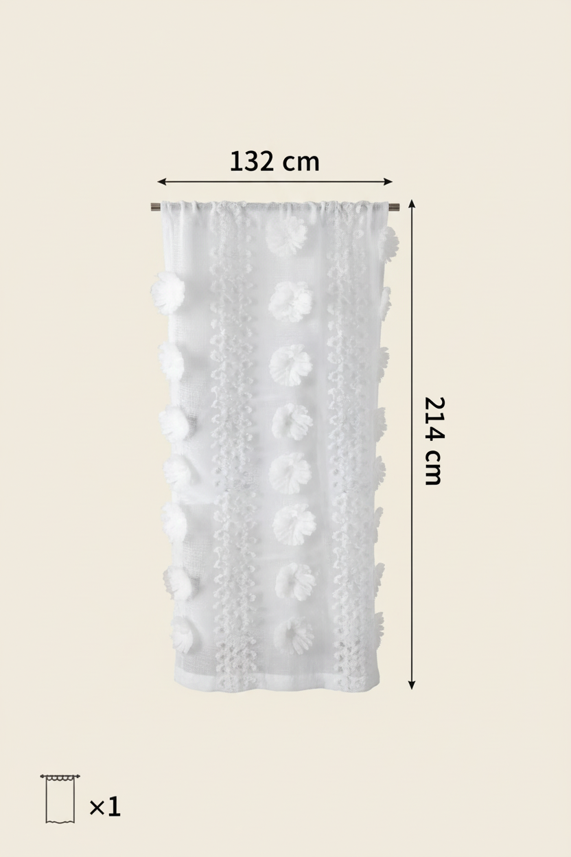 Visual dimensions for one embroidered floral curtain panel: 132 cm wide by 214 cm long