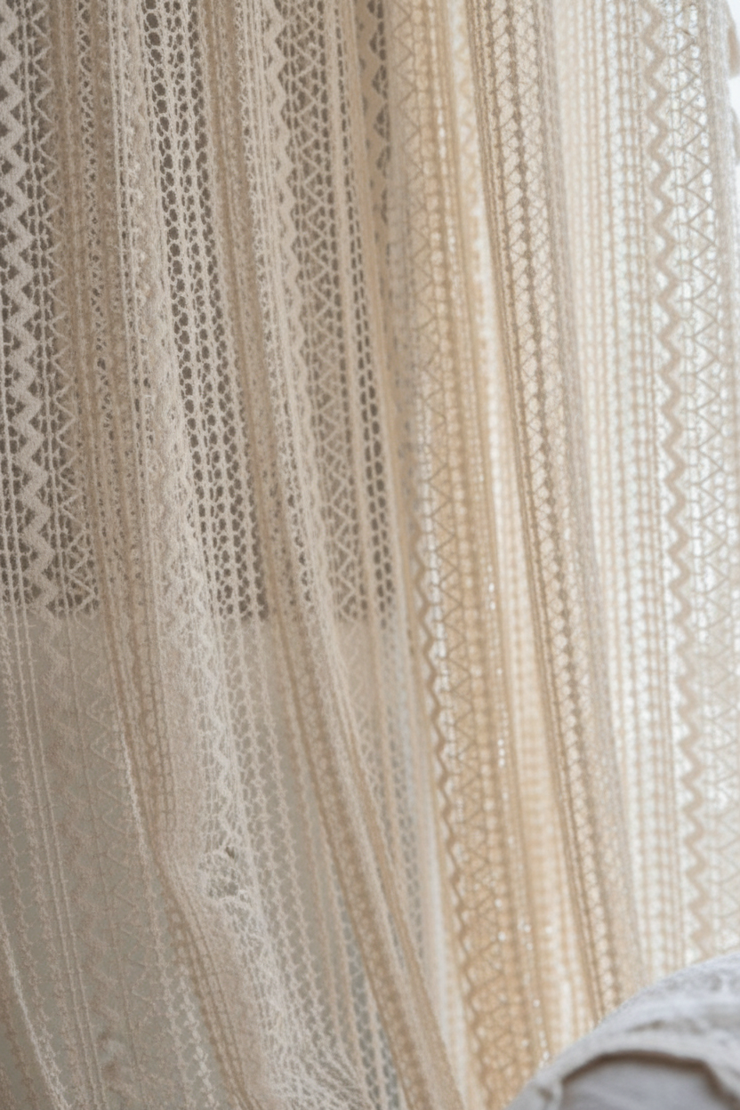 Close view of the beige geometric-wave blackout curtain texture and pattern
