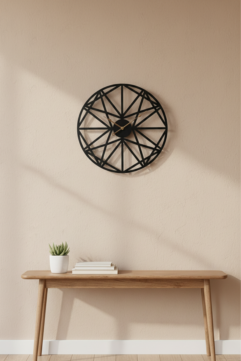 Modern black iron 45 cm wall clock displayed above a slim living room console