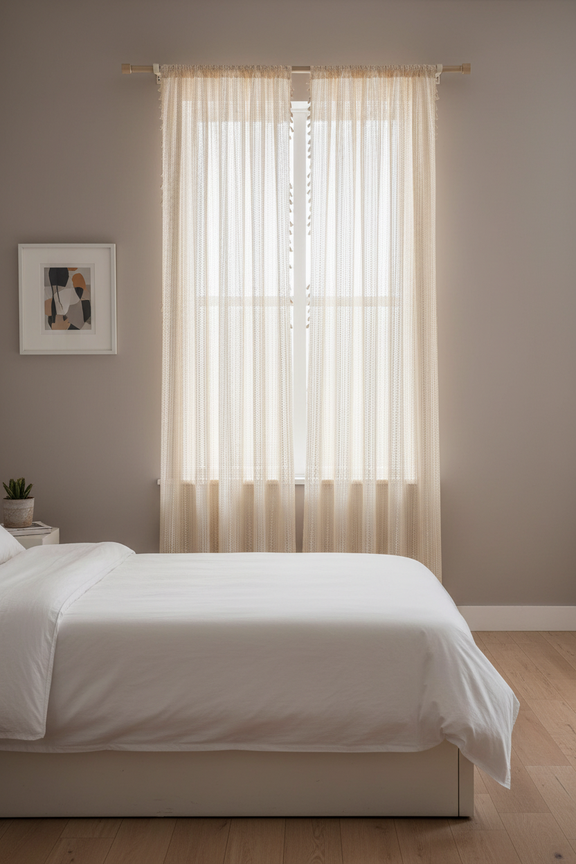 One beige 150 by 220 cm geometric-wave blackout curtain panel hanging in a neutral bedroom
