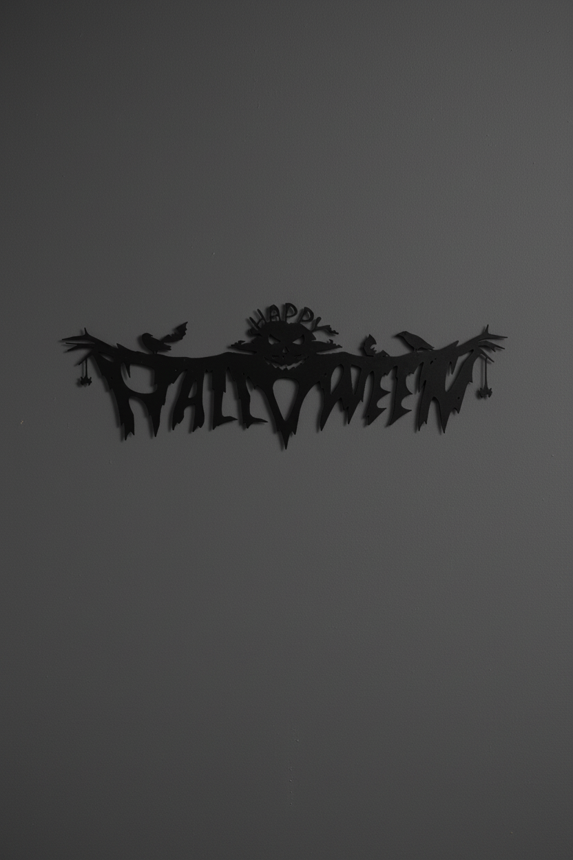 Gothic Halloween iron wall art mounted on a dark neutral interior wall