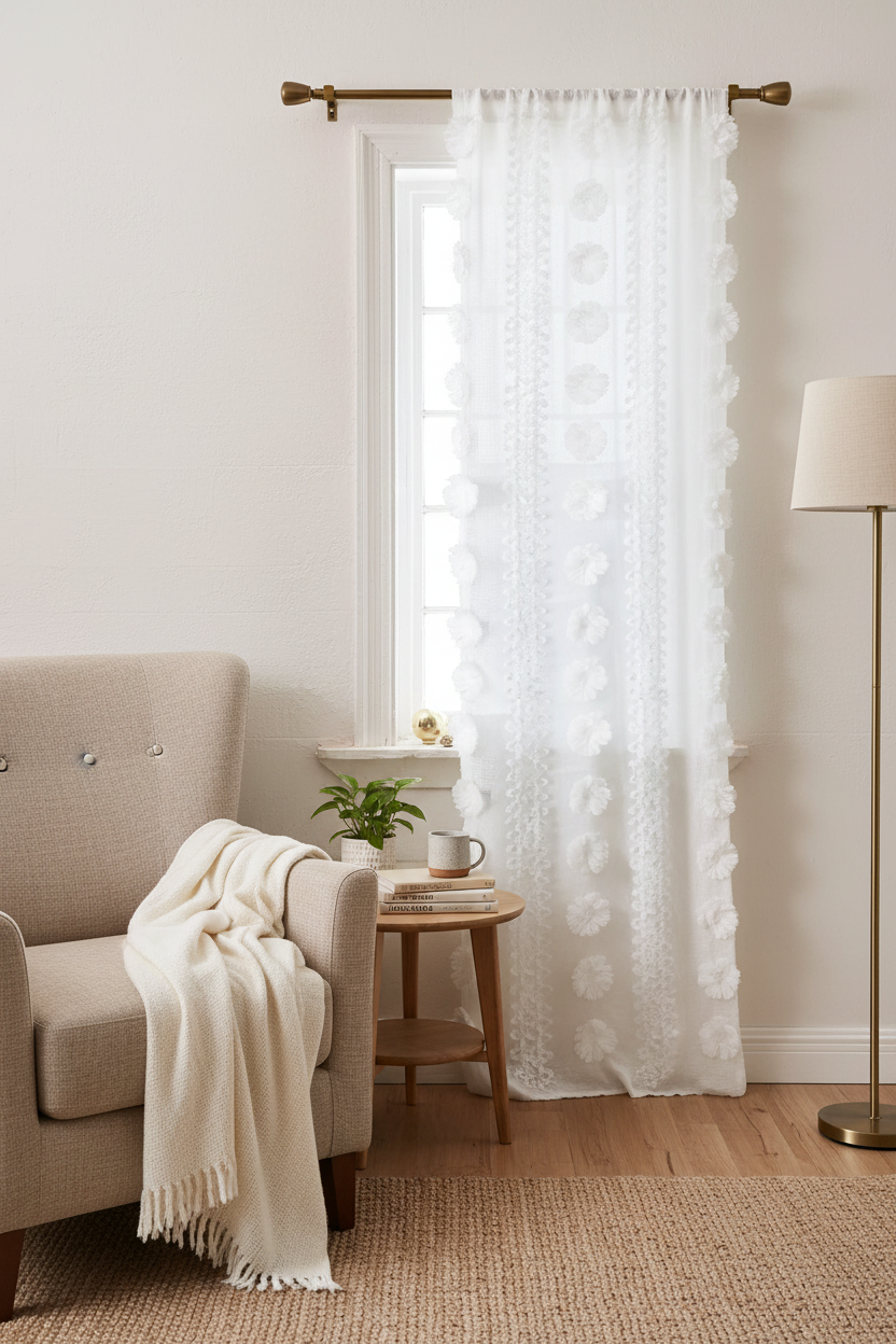 One white 132 by 214 cm textured embroidered floral curtain panel in a neutral reading nook