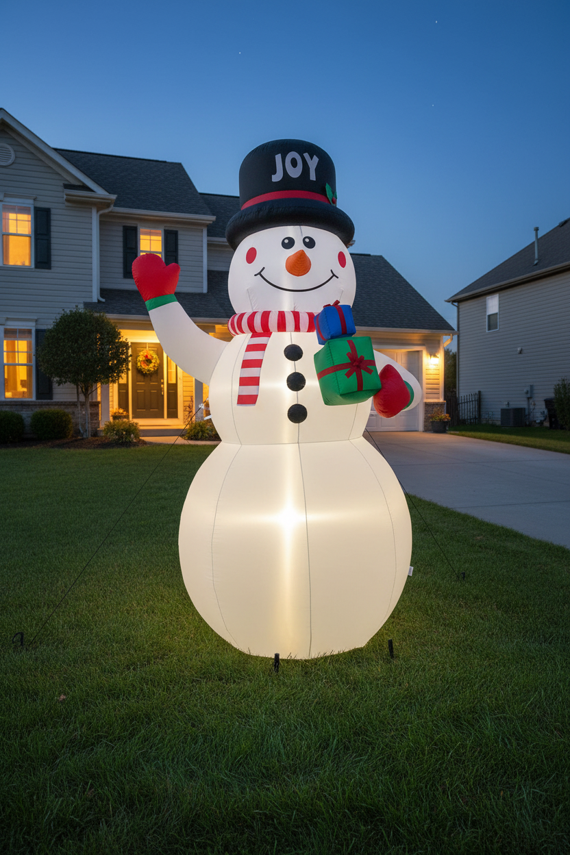 Inflatable snowman lit on a front lawn at dusk