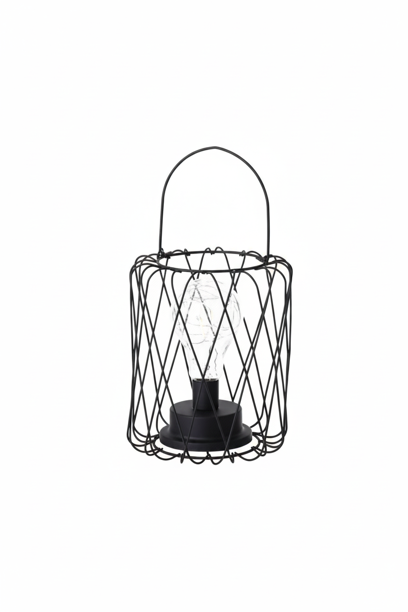 Iron Lantern style hollow wrought iron table lamp with warm white LEDs