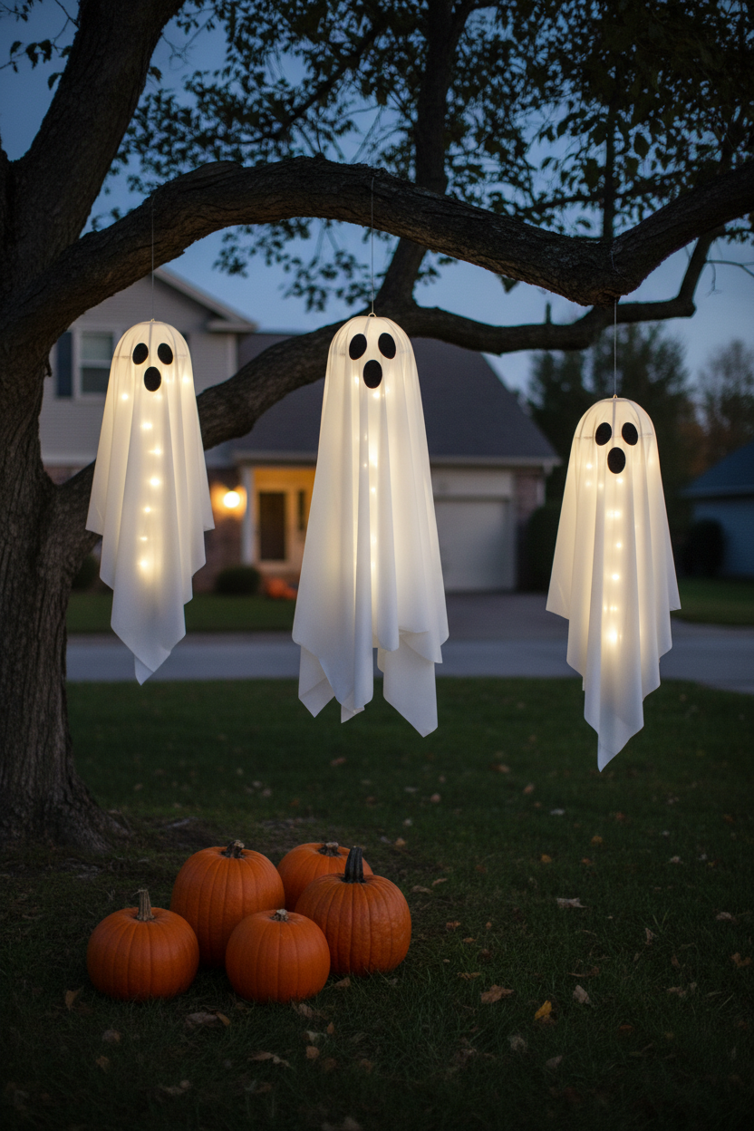 Light-up ghosts hanging in a front yard at dusk
