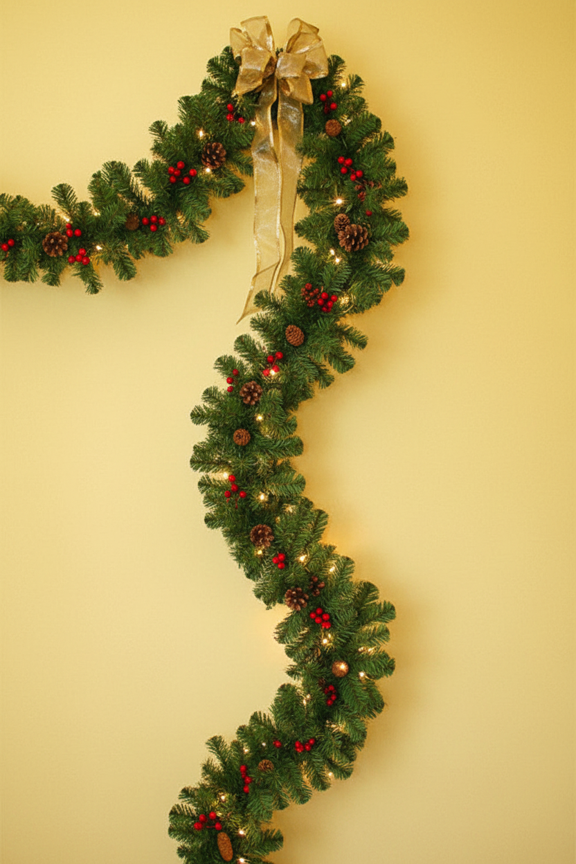 Lighted 2.7 meter pine Christmas garland with pinecones, red berries, and small lights