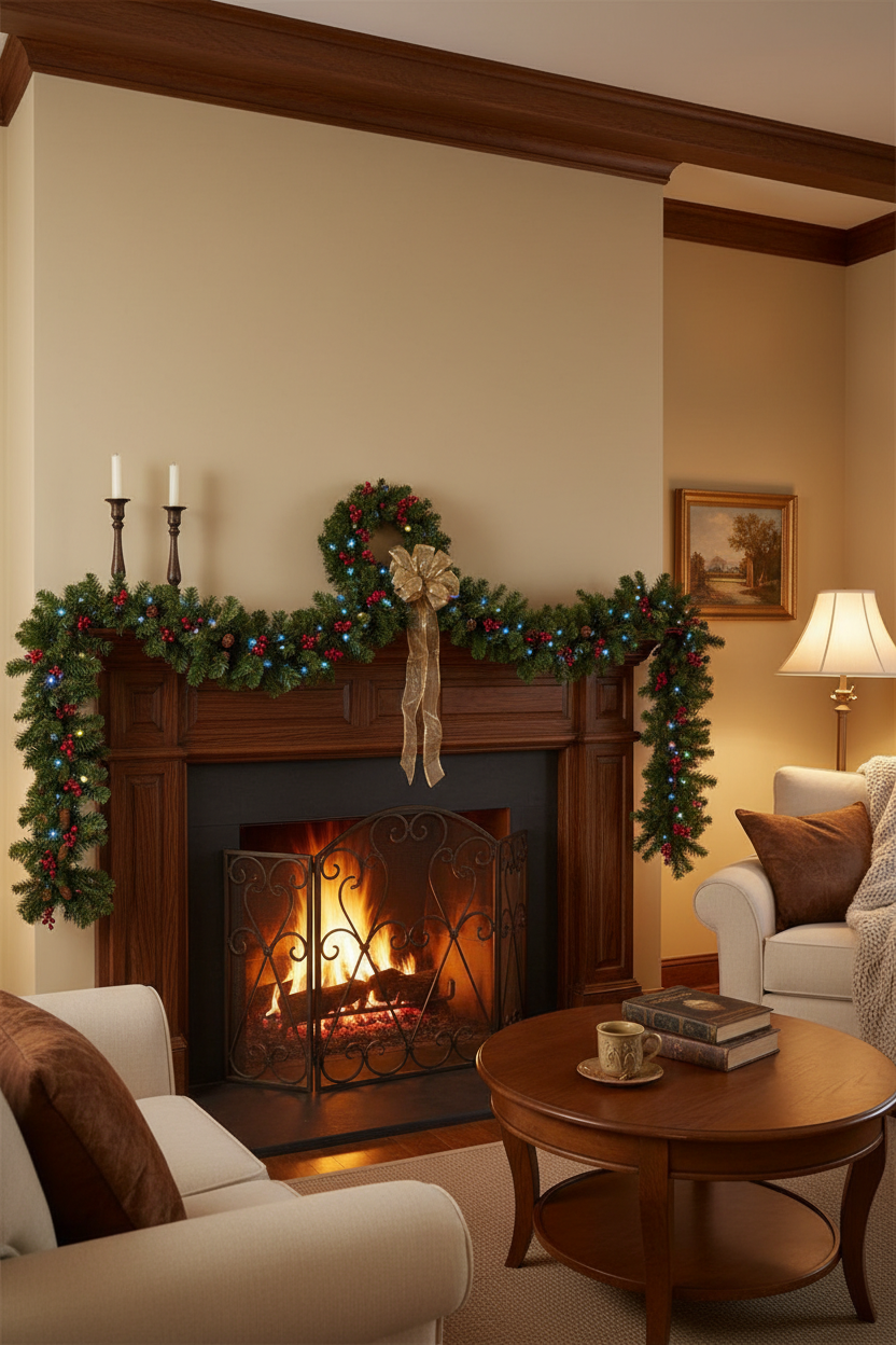 Lighted pine Christmas garland styled across a fireplace mantel in a warm living room