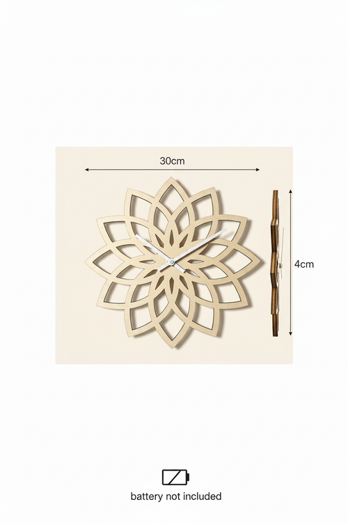 Botanical Lotus Wood Wall Clock – Decorative Silent Clock for Home - Specs