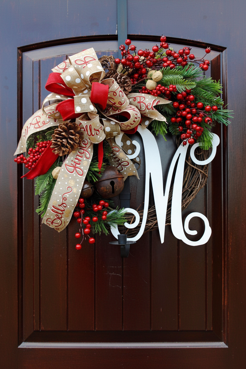M Style Christmas monogram wreath with ribbon, berries, pinecones, bells, and greenery