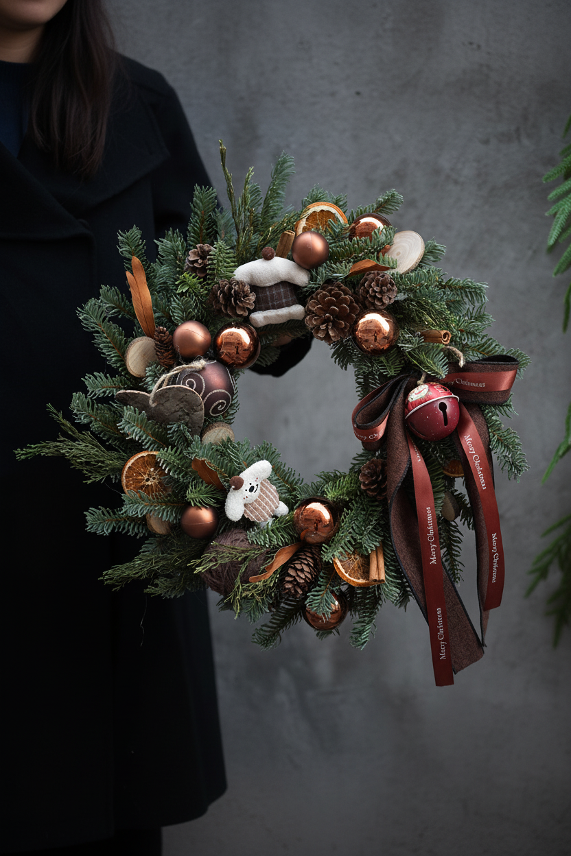 Mori Style With Coffee Christmas wreath with brown ornaments, pinecones, and ribbon