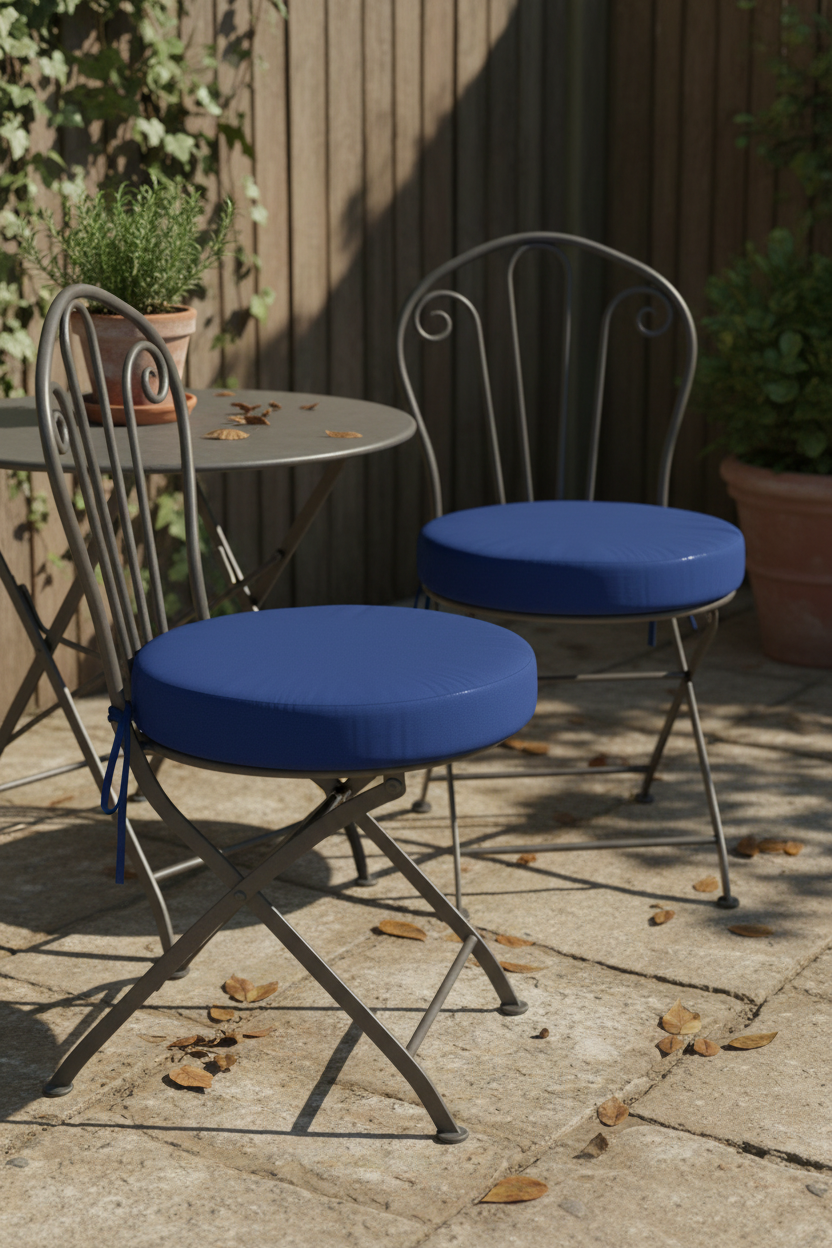 Navy pads tied to bistro chairs
