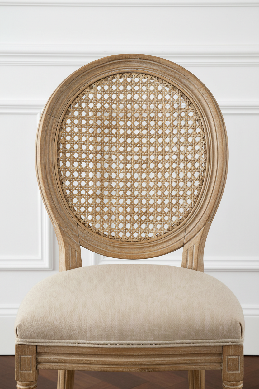 Rattan back and carved wood detail