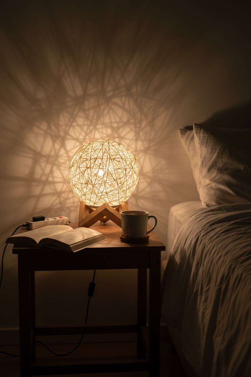 Rattan lamp glowing on a bedside table