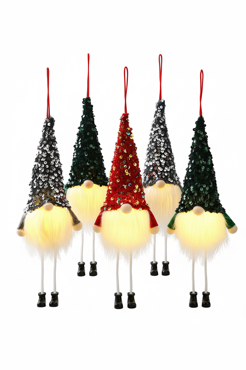 Red, dark green, silver, and three-piece glowing faceless sequin Christmas gnome options