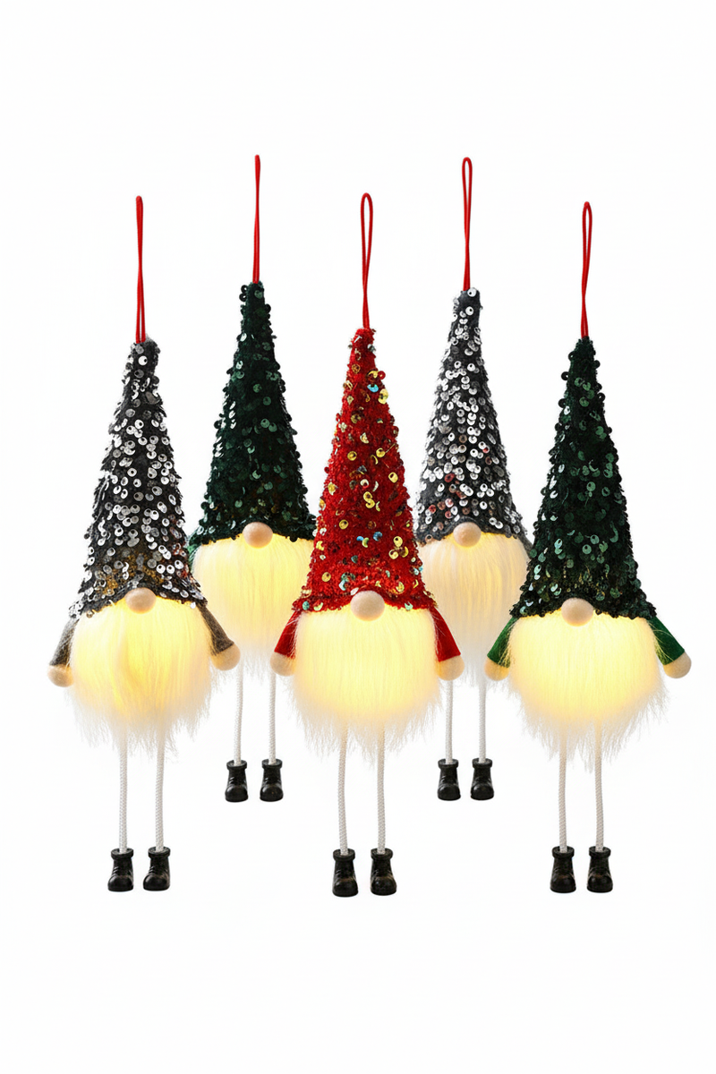 Red, dark green, silver, and three-piece glowing faceless sequin Christmas gnome options