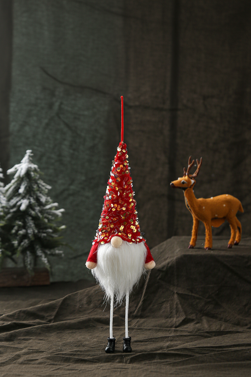 Red faceless sequin Christmas gnome in portrait format