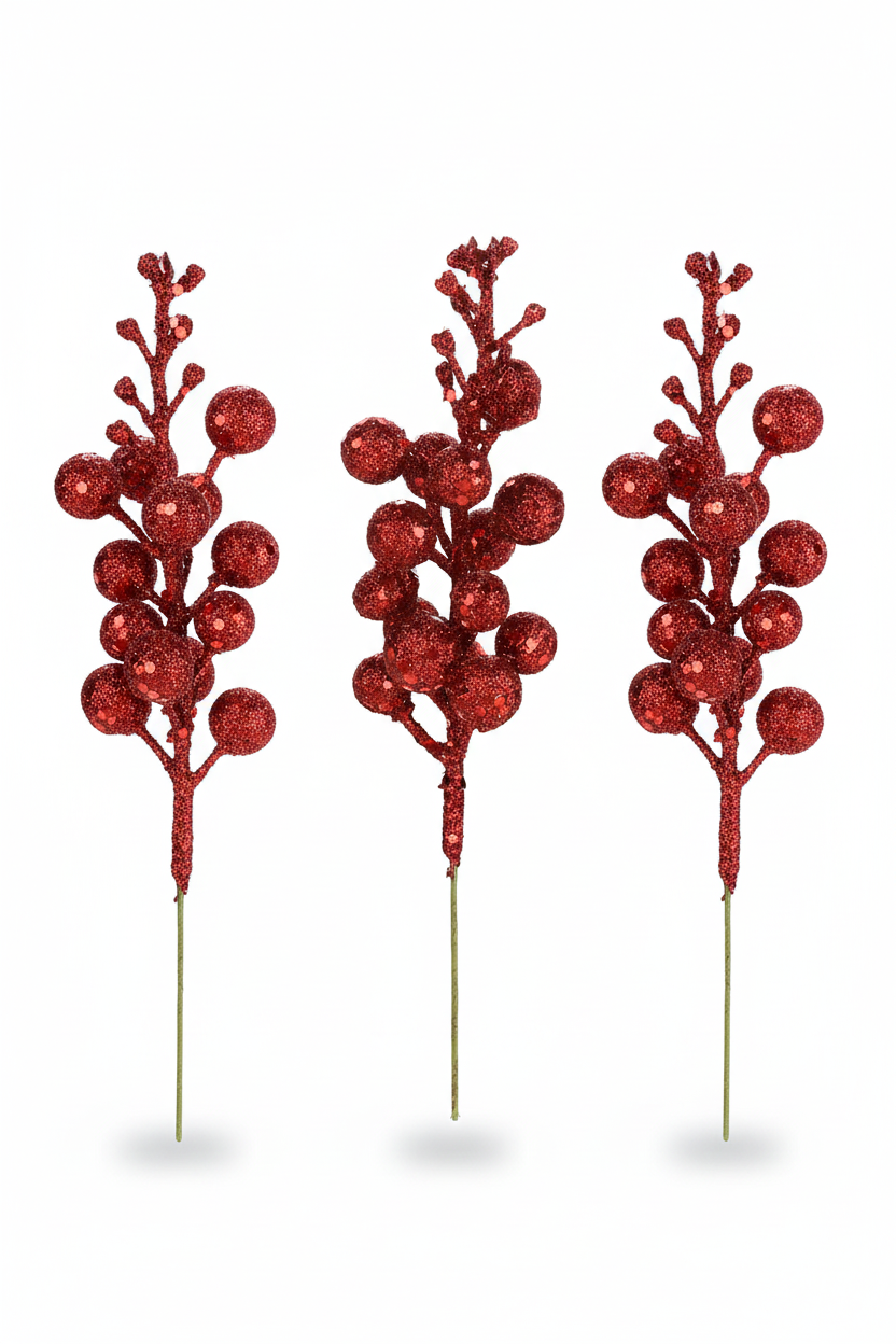 Red sequin berry stems hero on white