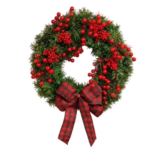 Berry & Pine Christmas Wreath – Rustic Plaid Bow - Overview