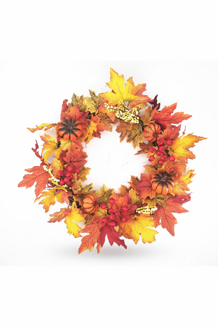 Rustic Thanksgiving and Christmas wreath on a white background