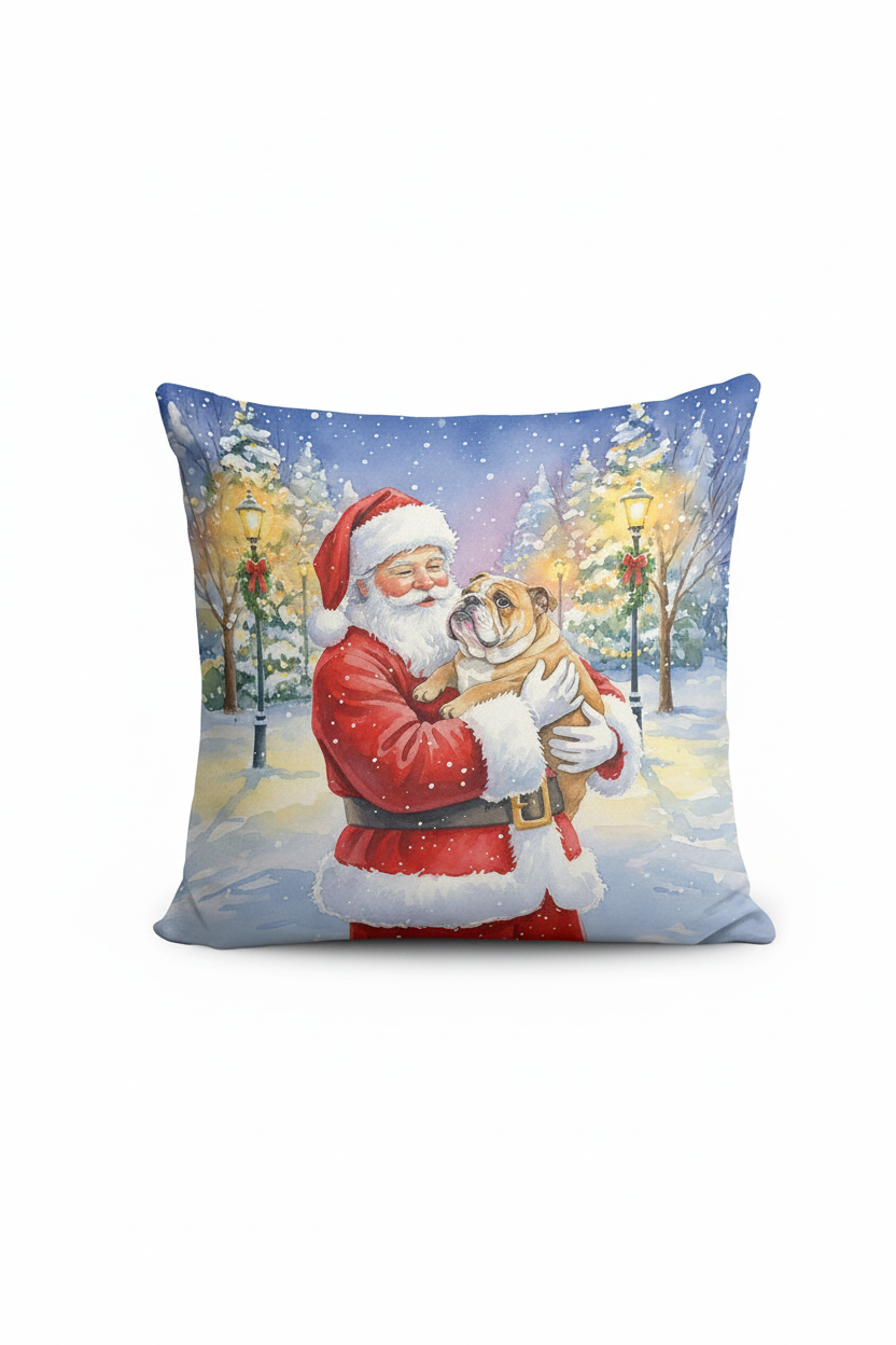 Santa bulldog Christmas pillow hero on white
