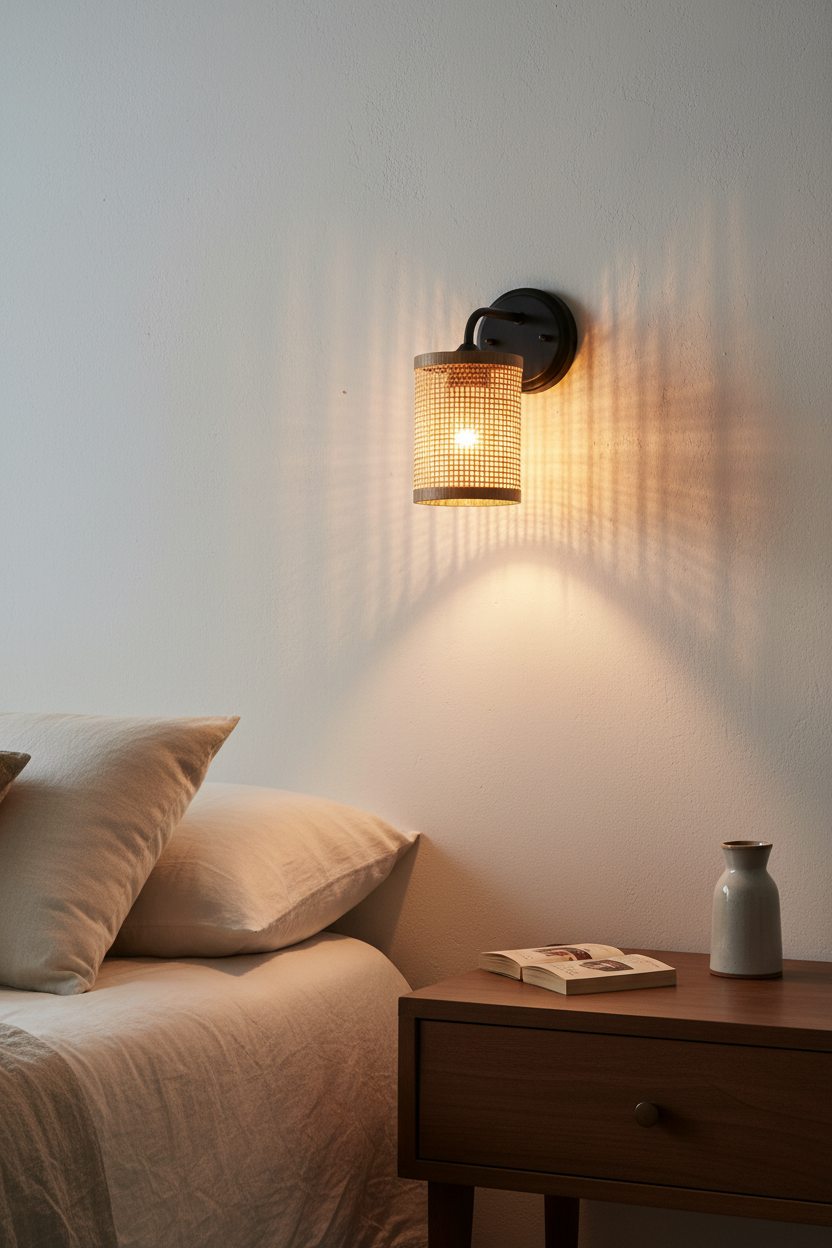 Sconce lit on a bedroom wall