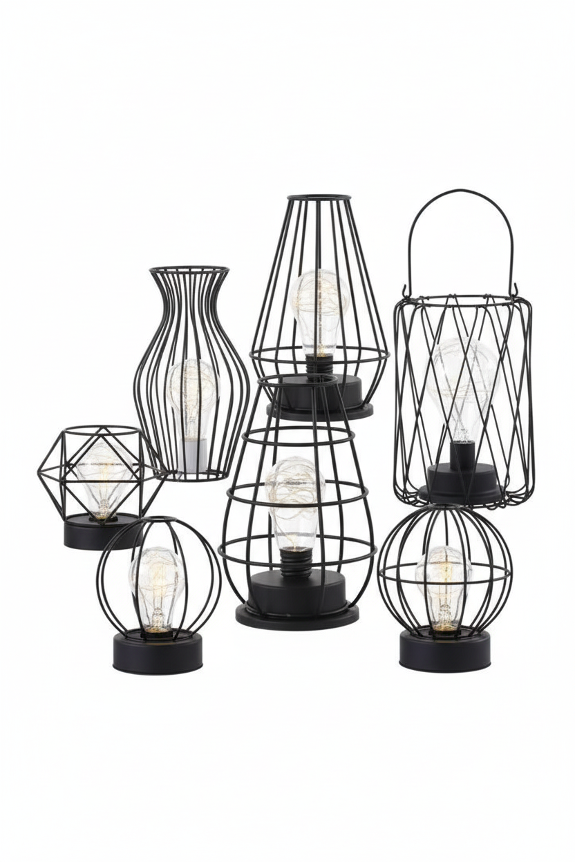 Seven wrought iron LED table lamp styles on a white background