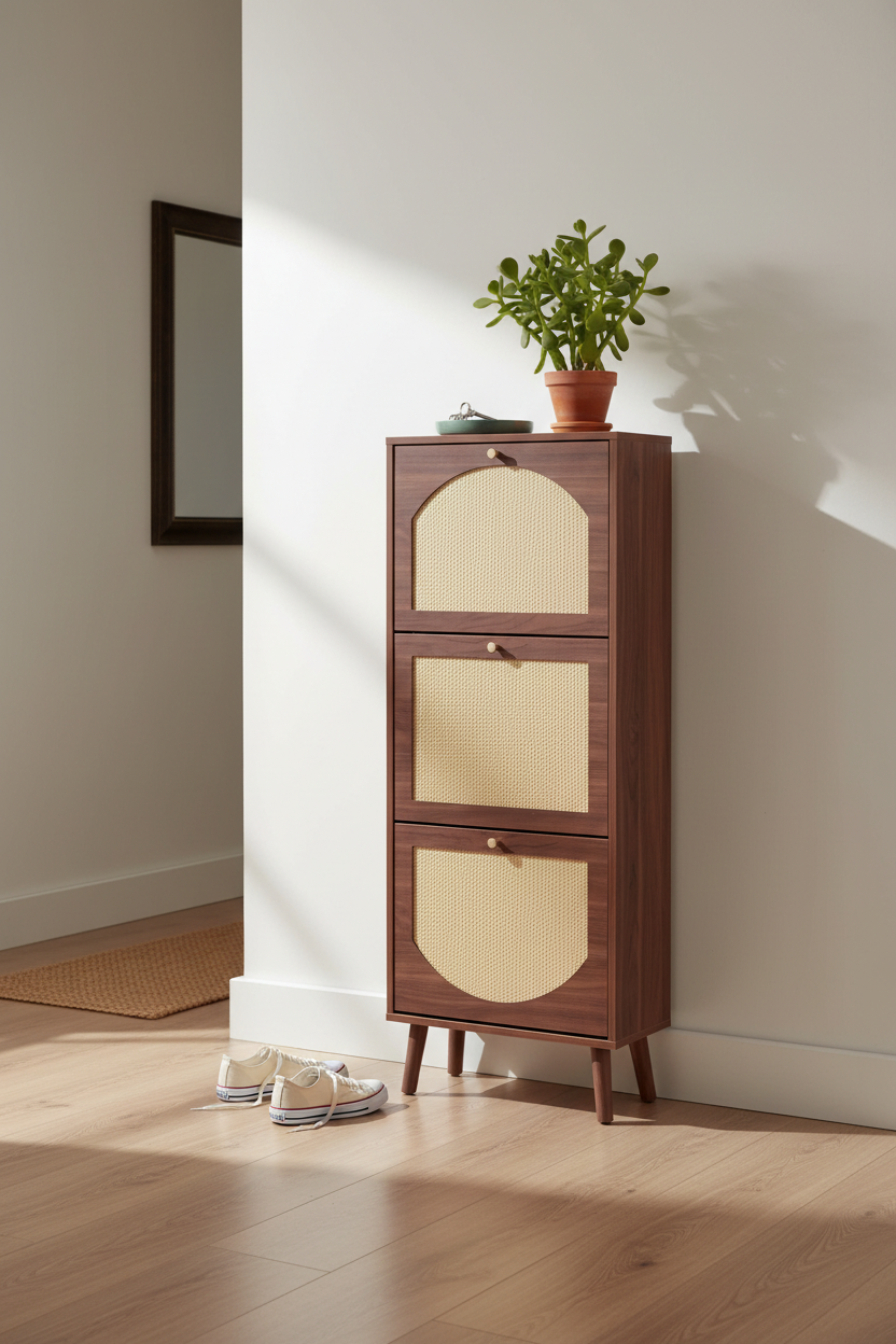 Shoe cabinet styled in a narrow entryway