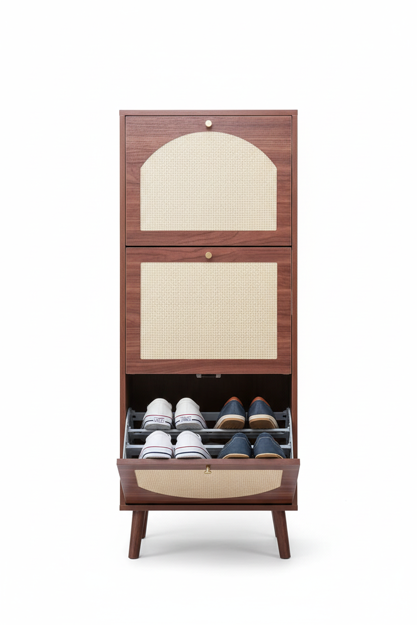 Shoe cabinet with a compartment flipped open
