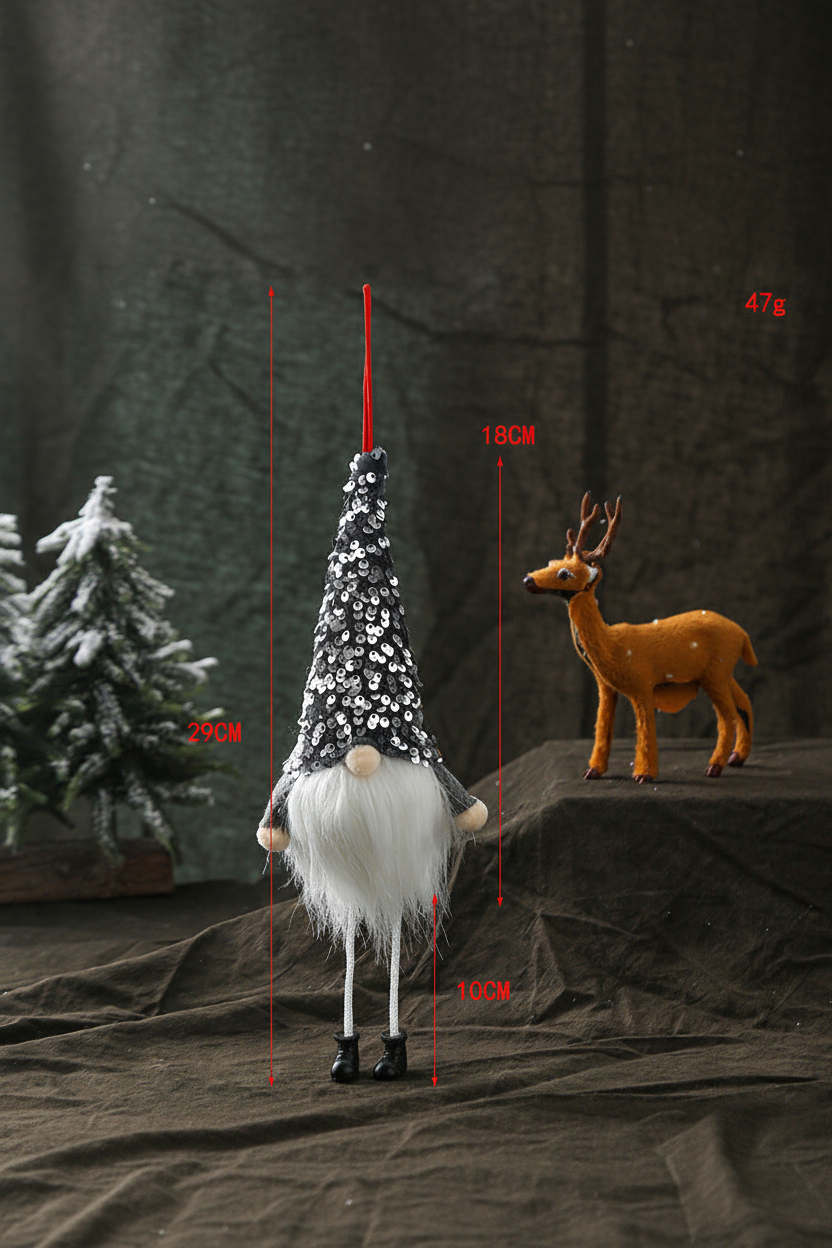 Silver faceless sequin Christmas gnome in portrait format