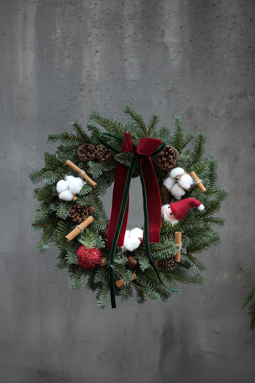 Soft Cotton Red And Green Christmas wreath with cotton, pinecones, ribbon, and small gnome