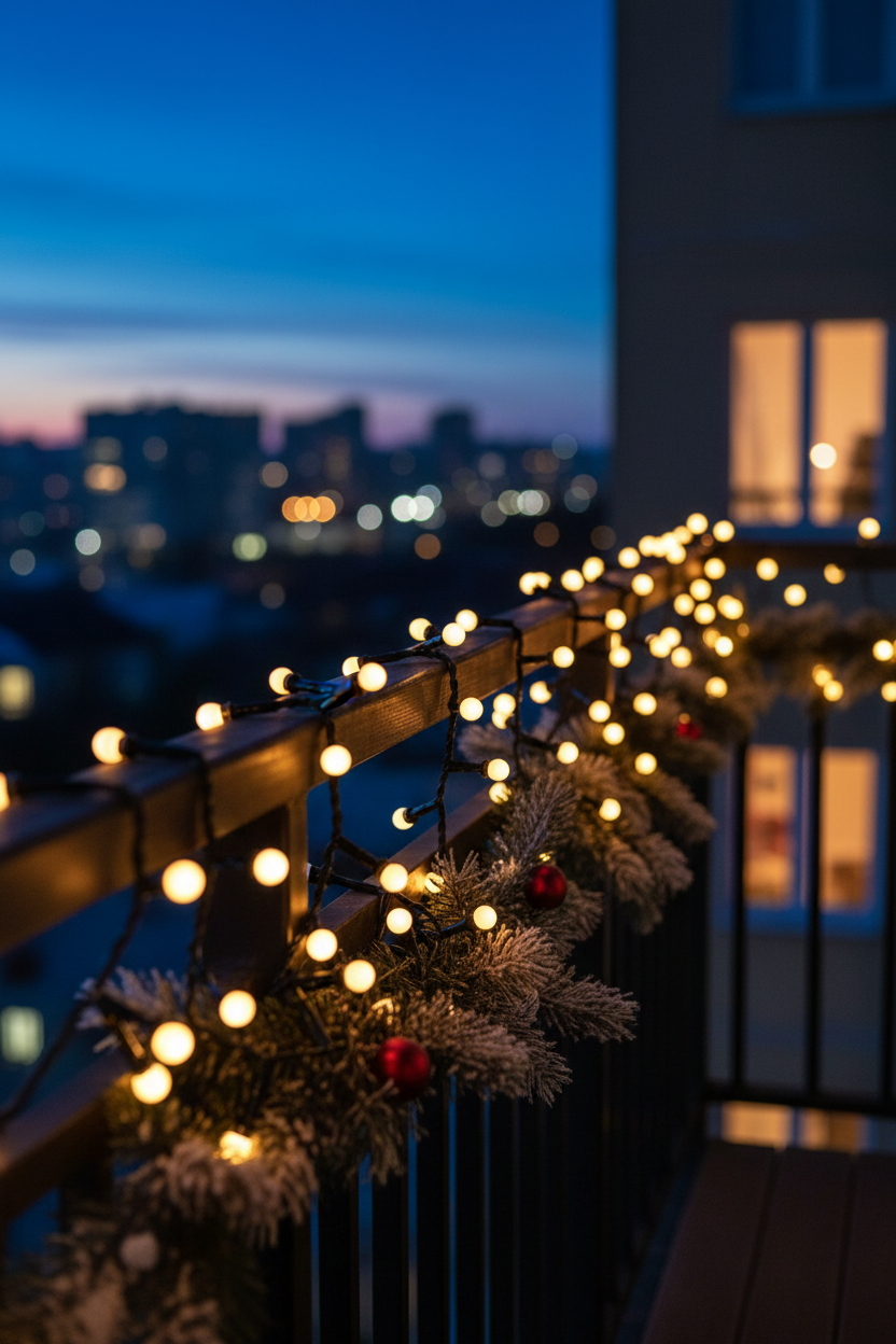 String lights on a balcony railing at dusk