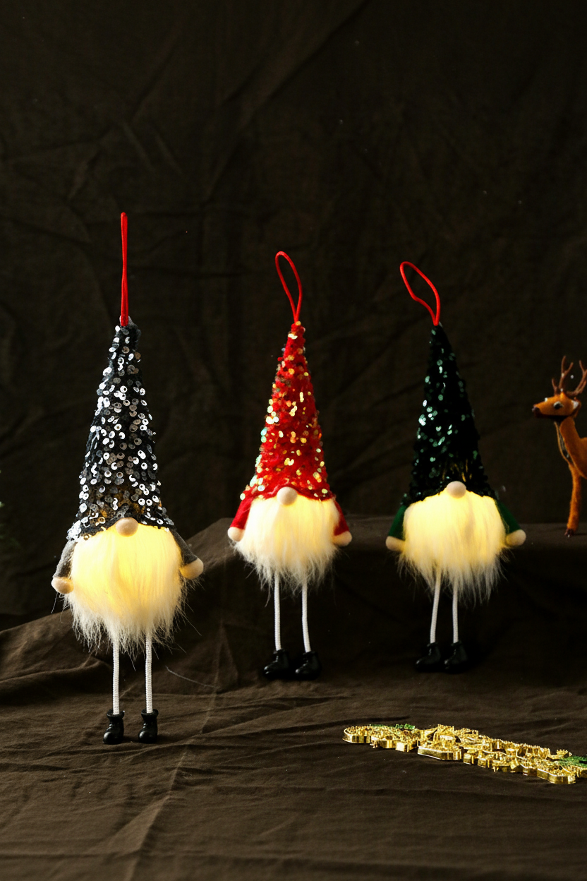 Three faceless sequin Christmas gnomes glowing together