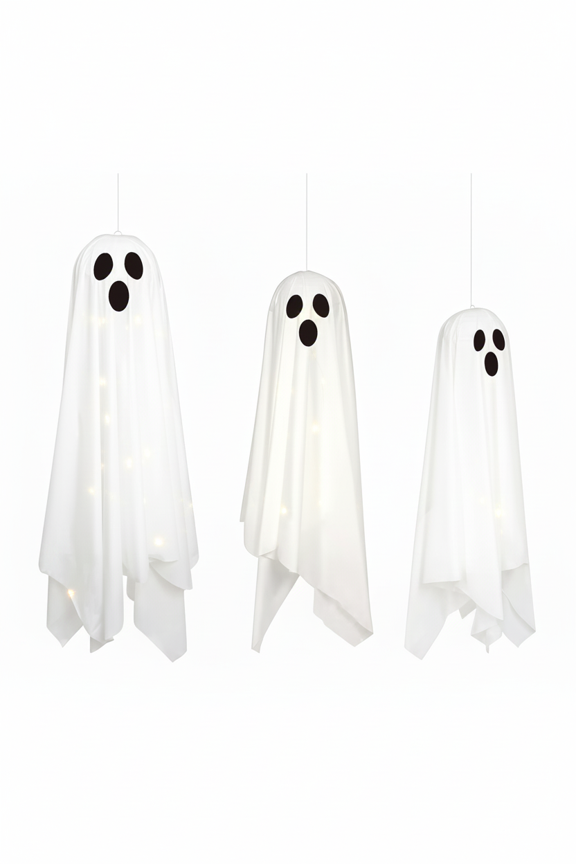 Three light-up Halloween ghosts on white