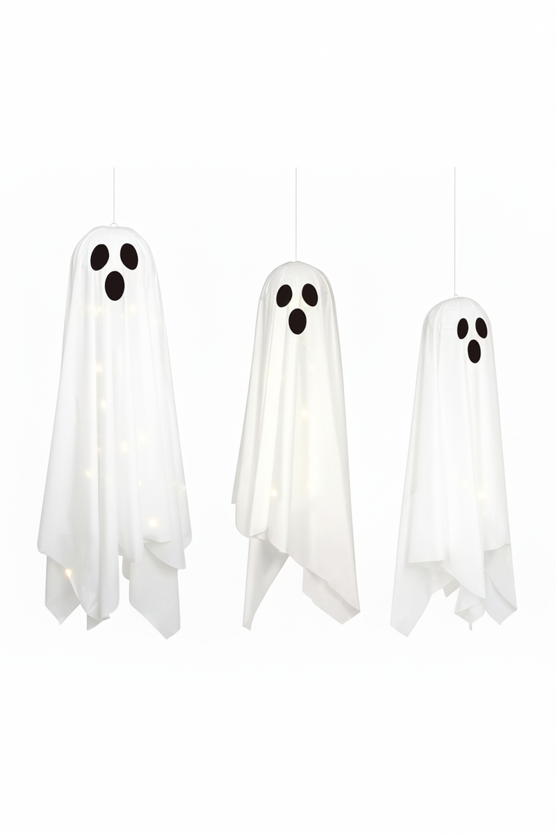 Three light-up Halloween ghosts on white
