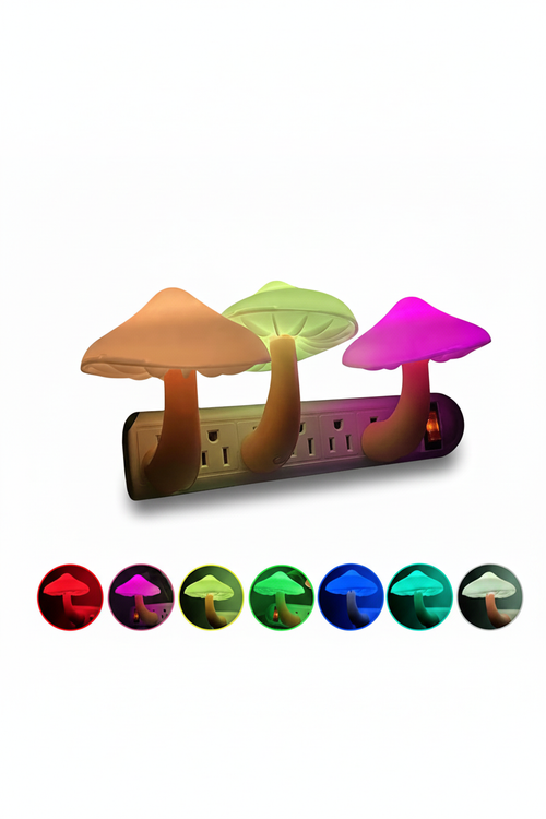 Three mushroom sensor night lights in multiple colors on a white background