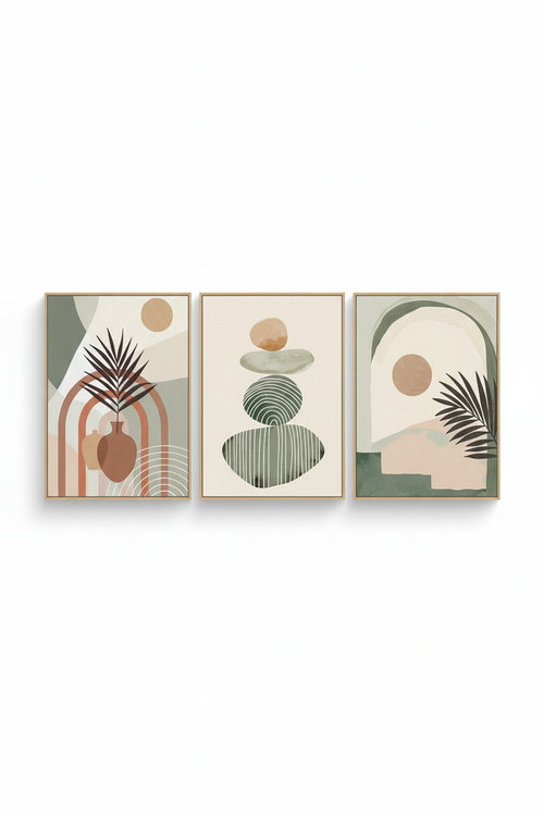 Three-piece botanical canvas art set on white