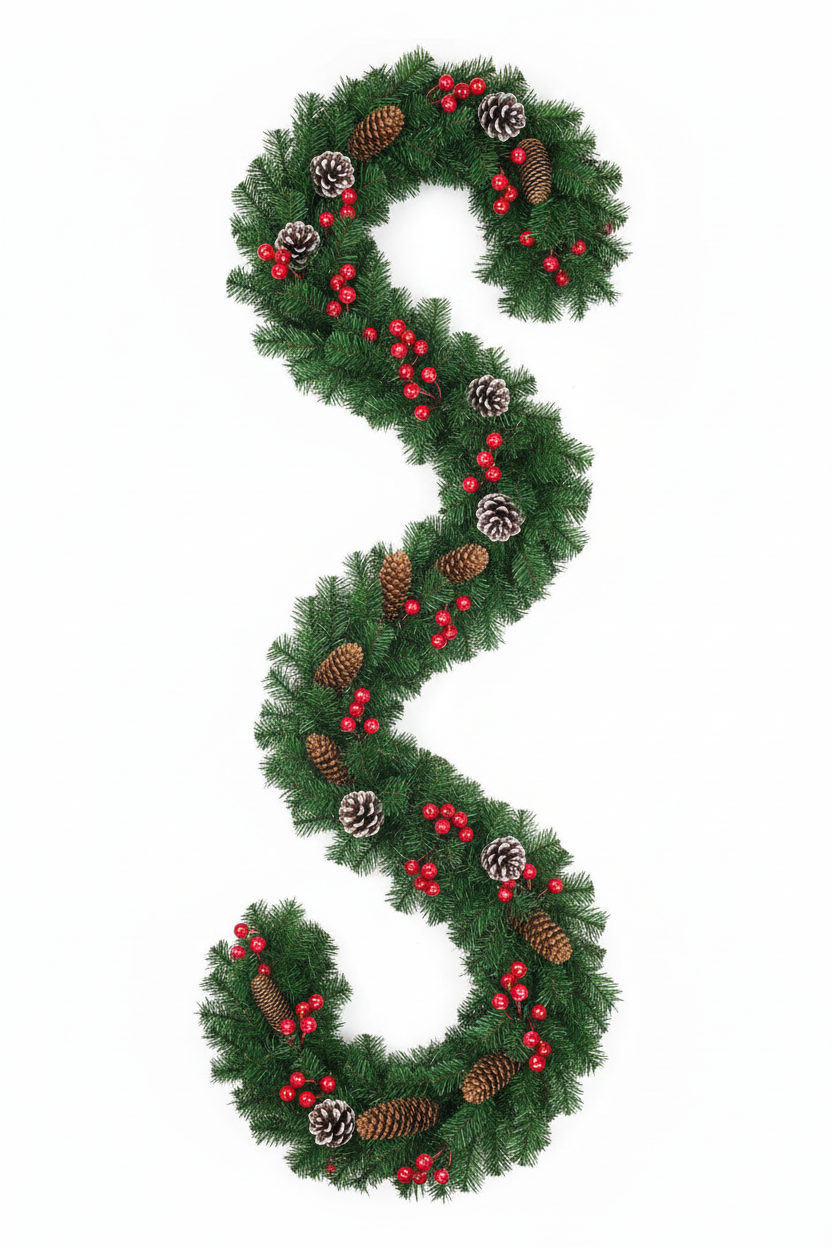 Unlit 2.7 meter pine Christmas garland with pinecones and red berries