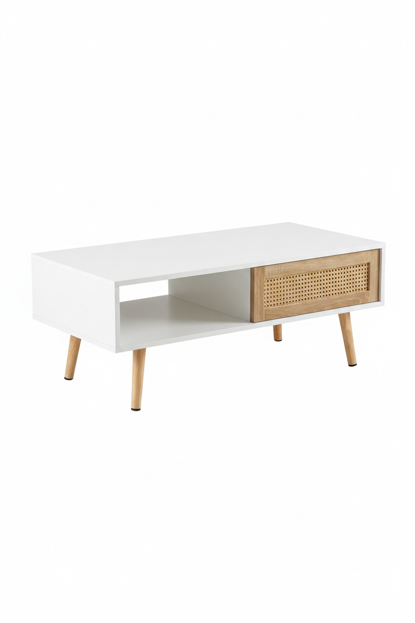 White rattan coffee table hero on white