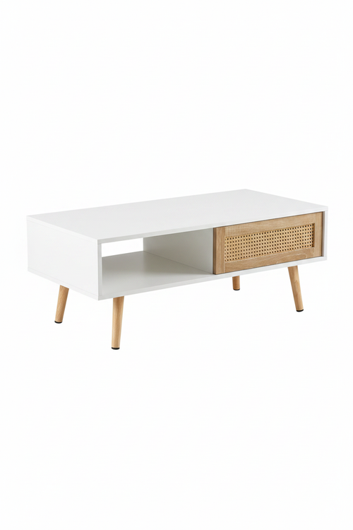White Rattan Coffee Table with Sliding Door Storage - Overview