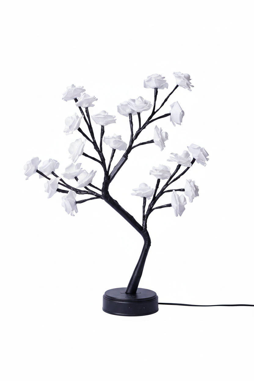 White rose flower tree USB LED lamp on a clean white background