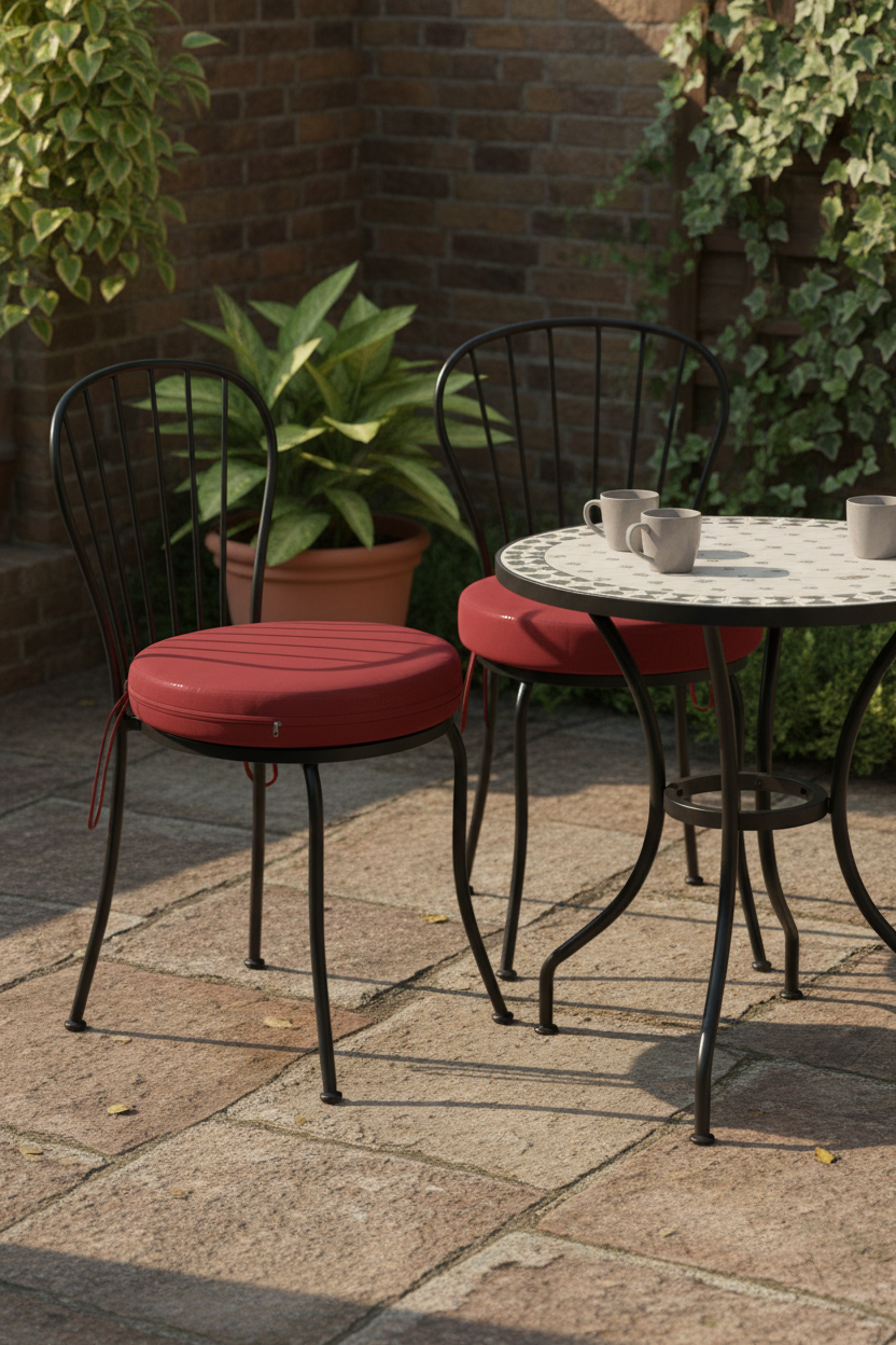 Wine red pads tied to bistro chairs on a patio