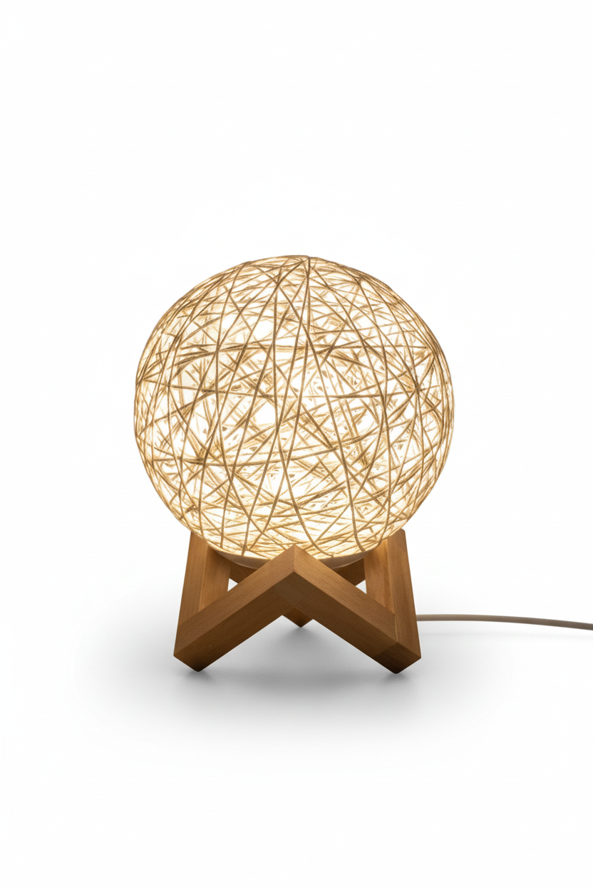 Woven rattan LED table lamp hero on white